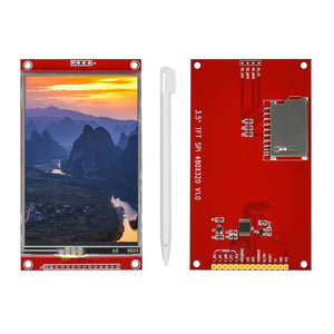 3.5 Inch TFT LCD Module With Touch Panel ILI9488 Driver 320x480 SPI Port Serial Interface (9 Io) Touch IC XPT2046 - the front display with a landscape image, the red back circuit board with an SD card slot, and a white stylus pen.