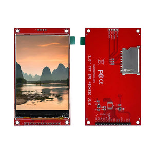 3.5 Inch TFT LCD Module With Touch Panel ILI9488 Driver 320x480 SPI Port Serial Interface (9 Io) Touch IC XPT2046 - the front display with a landscape image and the red back side with a micro SD card slot and pin headers.