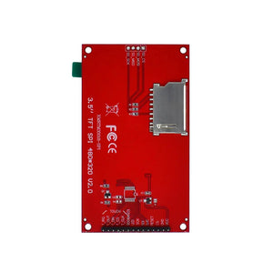 3.5 Inch TFT LCD Module With Touch Panel ILI9488 Driver 320x480 SPI Port Serial Interface (9 Io) Touch IC XPT2046 - rear view showing the red circuit board, SD card slot, touch interface pins, and SPI header pins with printed labels.