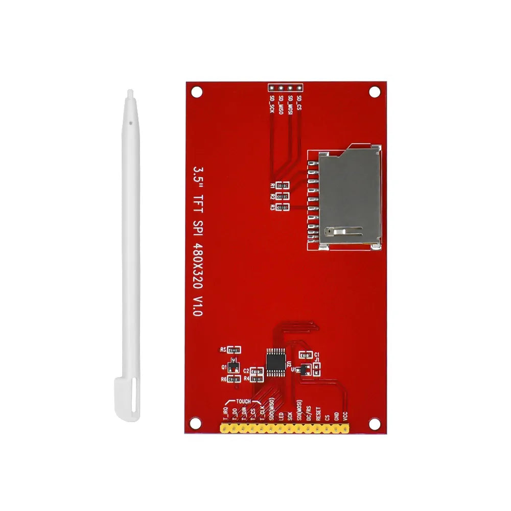 3.5 Inch TFT LCD Module With Touch Panel ILI9488 Driver 320x480 SPI Port Serial Interface (9 Io) Touch IC XPT2046 - the red back of the circuit board with an SD card slot, pin headers, and an included white plastic stylus pen.