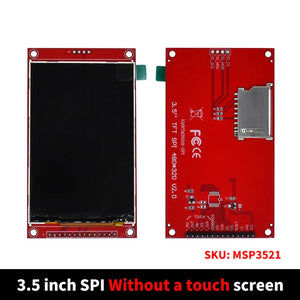 3.5 Inch TFT LCD Module With Touch Panel ILI9488 Driver 320x480 SPI Port Serial Interface (9 Io) Touch IC XPT2046 - front and back view of a red circuit board with a black display screen, an SD card slot, and multiple labeled pin connectors.
