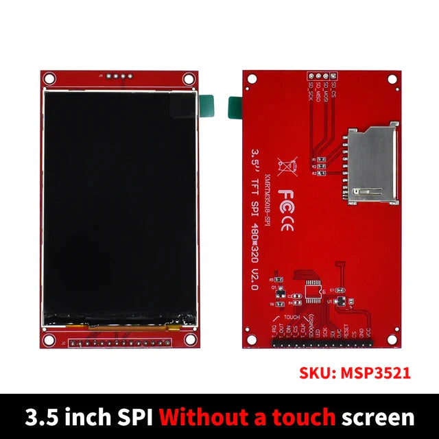 3.5 Inch TFT LCD Module With Touch Panel ILI9488 Driver 320x480 SPI Port Serial Interface (9 Io) Touch IC XPT2046 - front and back view of a red circuit board with a black display screen, an SD card slot, and multiple labeled pin connectors.