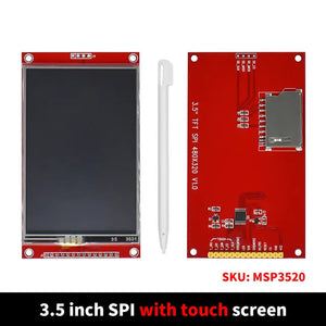 3.5 Inch TFT LCD Module With Touch Panel ILI9488 Driver 320x480 SPI Port Serial Interface (9 Io) Touch IC XPT2046 - screen shows the front display, a white stylus, and the red back circuit board with an SD card slot and pin headers.