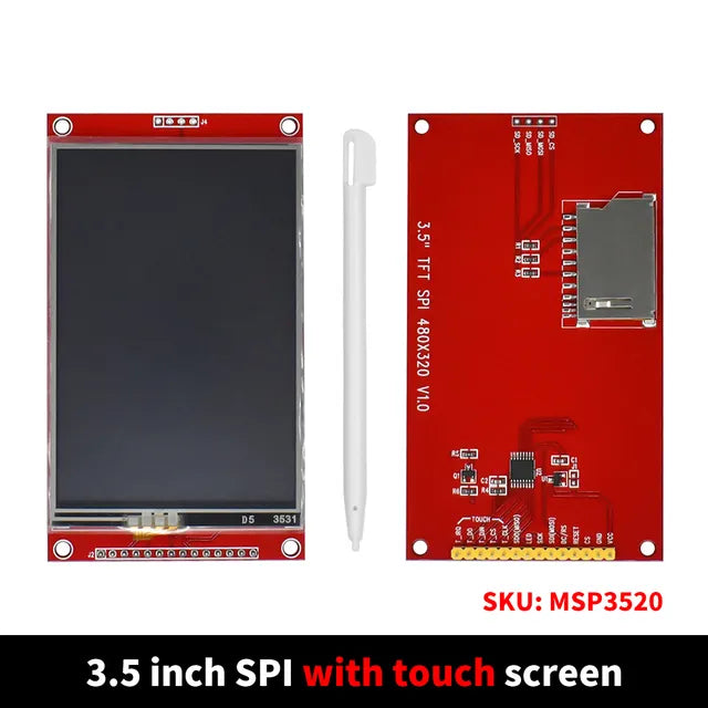 3.5 Inch TFT LCD Module With Touch Panel ILI9488 Driver 320x480 SPI Port Serial Interface (9 Io) Touch IC XPT2046 - screen shows the front display, a white stylus, and the red back circuit board with an SD card slot and pin headers.