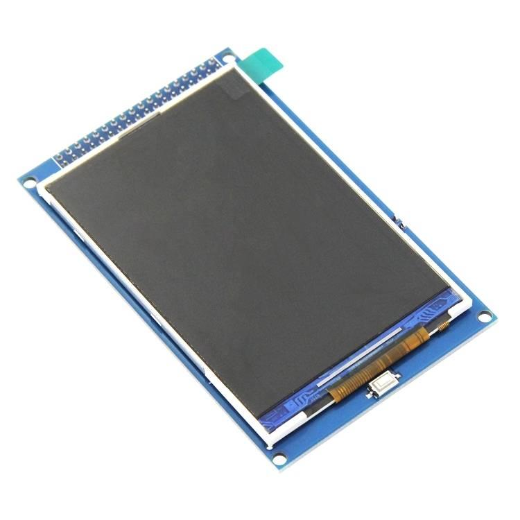 3.5 Inch TFT LCD Screen Module Ultra HD 320x480 For Arduino Mega 2560 R3 Board - a rectangular black display mounted on a blue circuit board with a row of pins and a button.