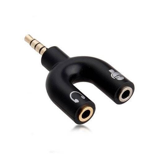 3.5mm Audio Jack To Headphone Microphone Splitter Converter Adaptor - a black U-shaped adapter with a 3.5mm plug and two female audio input ports.