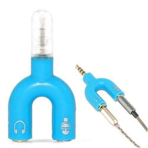 3.5mm Audio Jack To Headphone Microphone Splitter Converter Adaptor - two blue U-shaped adapters, one with cables plugged into its ports.