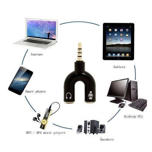 3.5mm Audio Jack To Headphone Microphone Splitter Converter Adaptor - shown as a black U-shaped connector with headphone and microphone icons.