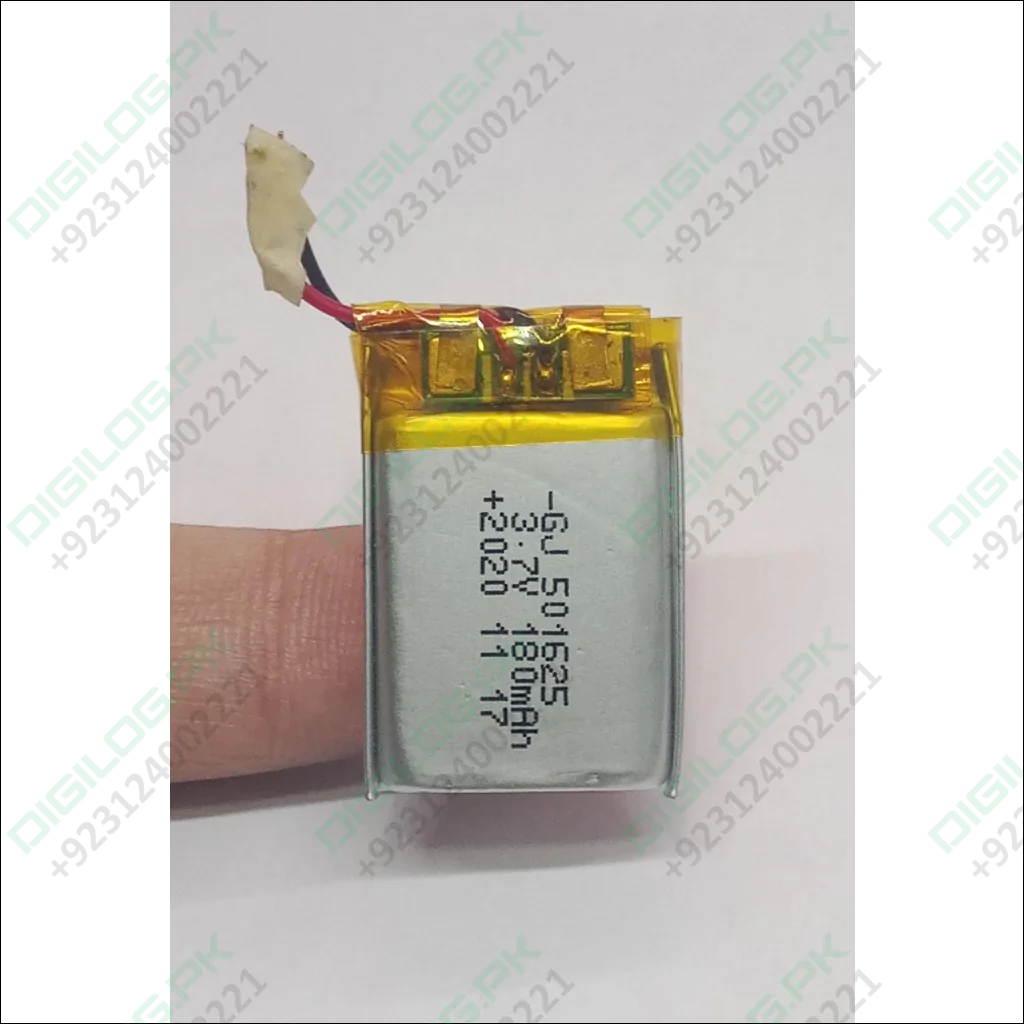 3.6V 3.7V 180mA Li Ion Battery 3.2mm X 22mm X 24mm With Wire - a small rectangular silver lithium battery with a yellow protective tape top and two thin wires, held by a finger.