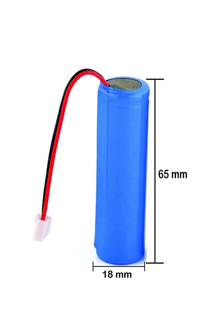 3.7V 1800mAh 18650 Lithium-ion Battery Pack With BMS Protection – Buy - a blue cylindrical battery with a red and black wire ending in a white connector and dimension labels.