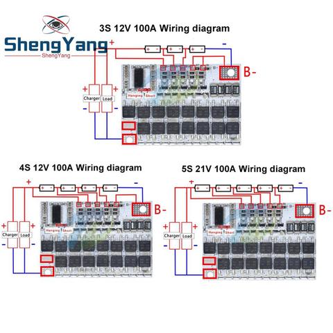 3.7V 18650 3s 4s 5s BMS 100A BMS Li-ion Lmo Ternary Lithium Battery Protection Circuit Board Balance Charging Module - three wiring diagrams for 3S, 4S, and 5S battery configurations on circuit boards.