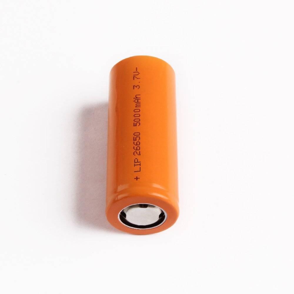 3.7V 2000mAh Cylindrical 26650 Li Ion Battery Cell - an orange cylindrical rechargeable battery with 5000mAh and 3.7V printed on the side.