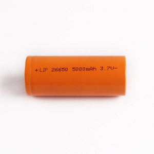 3.7V 2000mAh Cylindrical 26650 Li Ion Battery Cell - an orange cylindrical battery with text printed on the side indicating 5000mAh and 3.7V specifications.