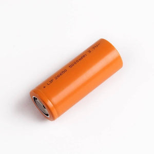 3.7V 2000mAh Cylindrical 26650 Li Ion Battery Cell - an orange cylindrical battery with text printed on the side indicating LIP 26650 5000mAh 3.7V.