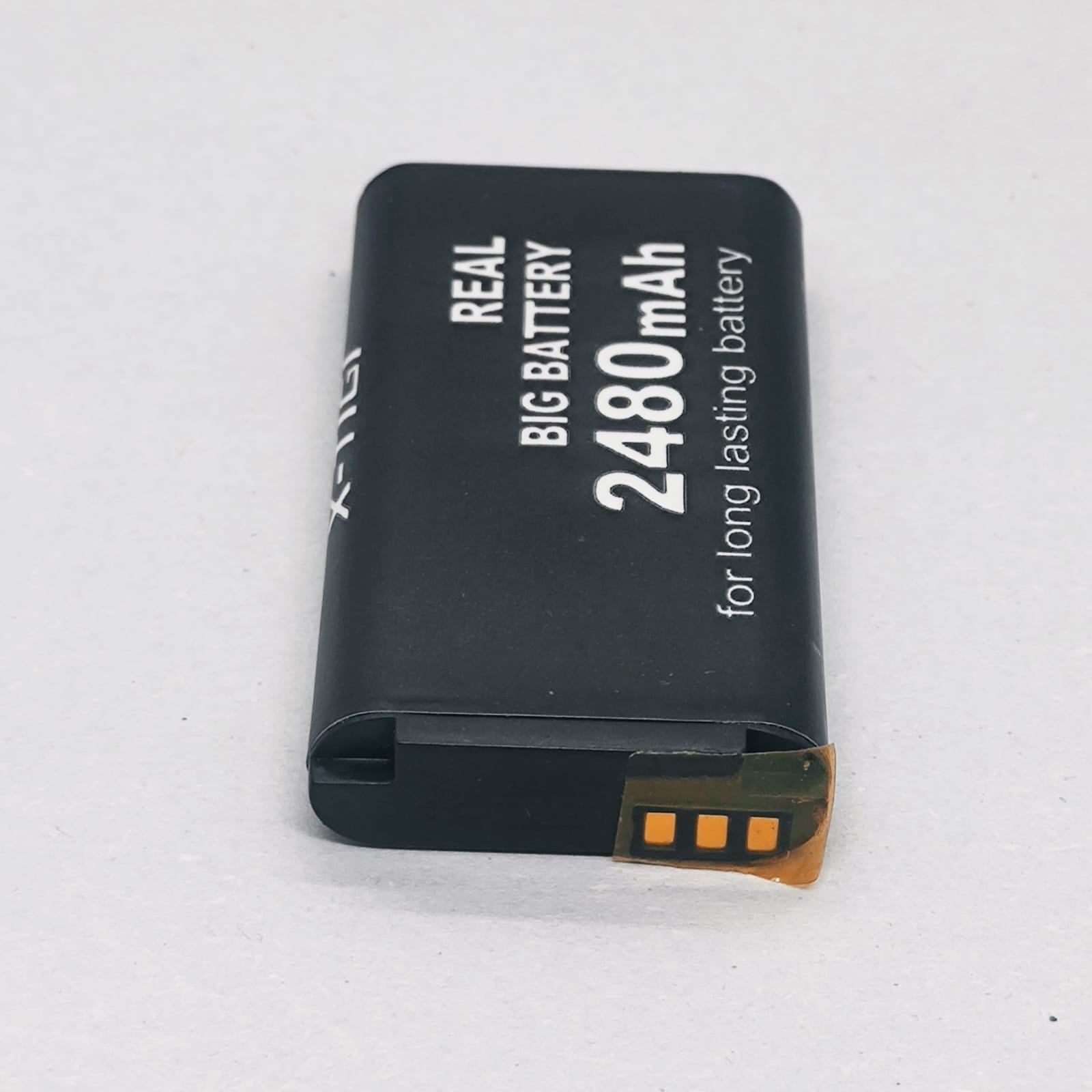 3.7V 2480mAh Lithium Ion Battery Without BMS | Alternative Of 2000mAh Or 3000mAh - a rectangular black battery with gold-coloured contact points on a flexible strip and text reading "REAL BIG BATTERY".