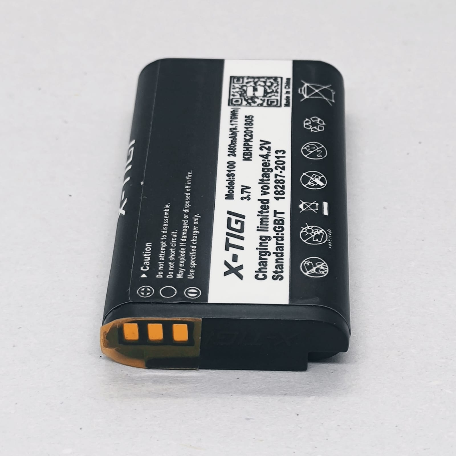 3.7V 2480mAh Lithium Ion Battery Without BMS | Alternative Of 2000mAh Or 3000mAh - a rectangular black battery with three gold contact pins and white printed specifications including model S100.
