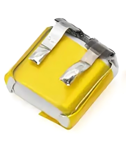 3.7V 30mAh Mini Battery For Bluetooth Earbuds - a small, square-shaped lithium battery wrapped in yellow foil with two metal contact tabs extending out.
