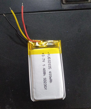 3.7V 400mAh 602035 Rechargeable Lithium Polymer Battery LiPo Cells - a rectangular silver LiPo cell with yellow protective tape and three exposed wire leads.