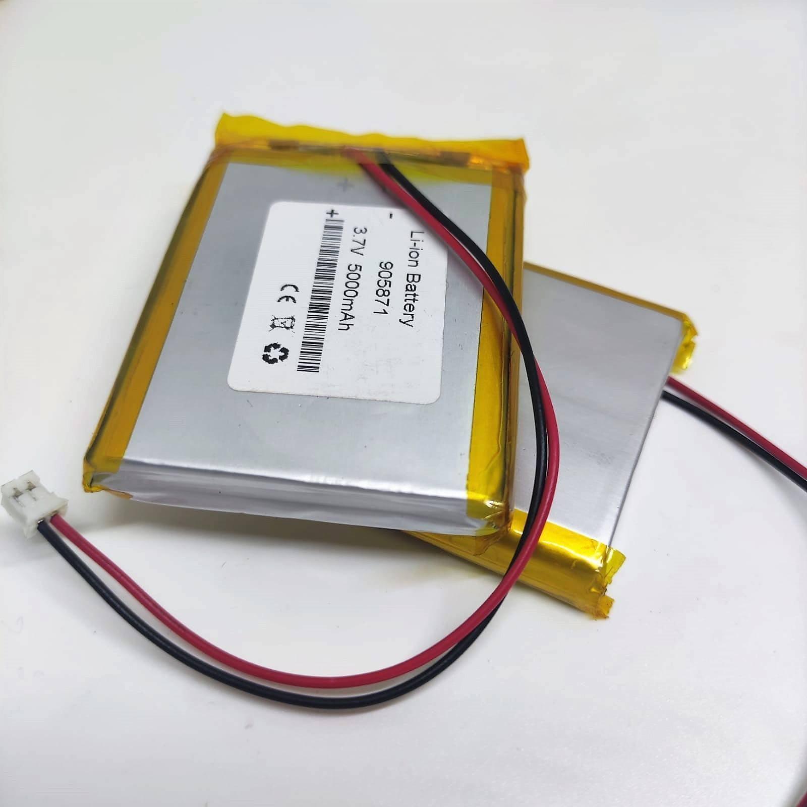 3.7V 5000mAh Lithium-ion Battery With JST 2.0mm Connector And BMS - two silver rectangular cells with yellow tape edges, each with a black and red wire ending in a white JST connector.