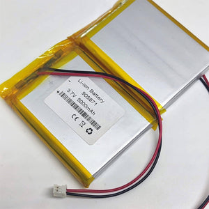 3.7V 5000mAh Lithium-ion Battery With JST 2.0mm Connector And BMS - a silver rectangular pouch cell with yellow tape, black and red wires, and a white JST 2.0mm connector.