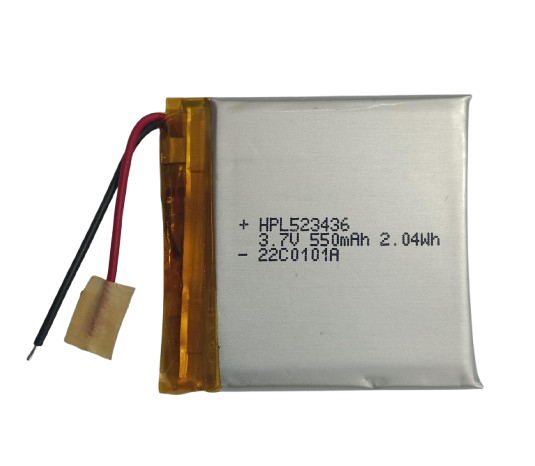 3.7V 550mAh HPL523436 Lithium Ion Battery - a silver rectangular pouch cell with red and black wires and a small connector, labeled with its specifications.