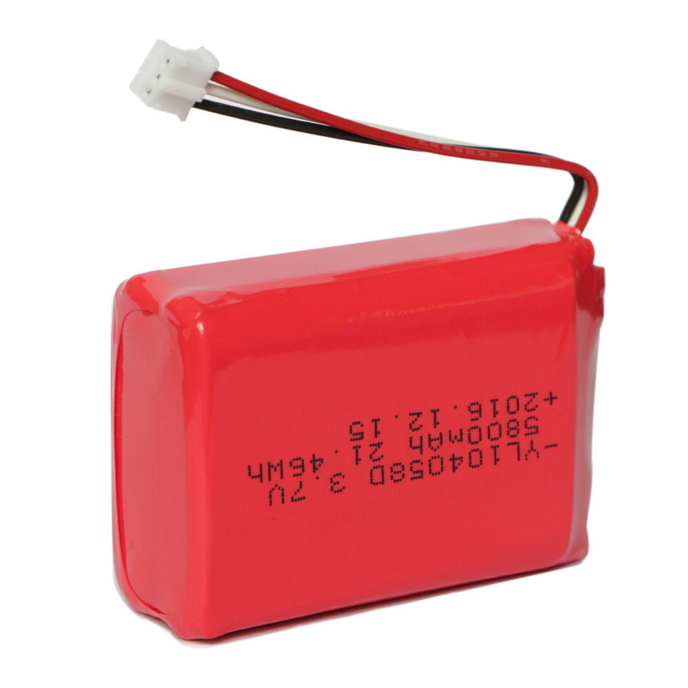 3.7V 5800mAh 104058 Lithium Polymer Battery Pack for Smart System - a red rectangular battery with a three-pin white connector attached by red, white, and black wires.