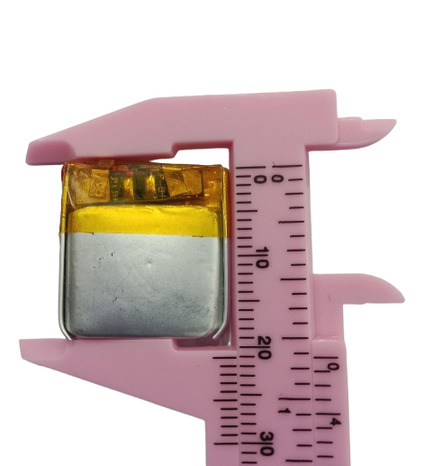 3.7V 70mAh Lithium Ion Li-ion Battery - shown in a close-up view being measured by pink plastic calipers.