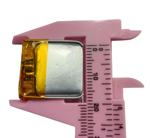 3.7V 70mAh Lithium Ion Li-ion Battery - shown in a close-up dimension measurement with a pink plastic caliper indicating a width of approximately 20mm.