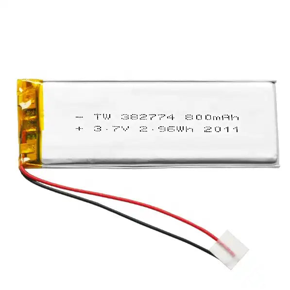 3.7V 800mAh Battery Rechargeable Lithium Polymer Ion Battery TW382774 - a rectangular silver lithium polymer battery with red and black wires connected to a white two-pin connector.