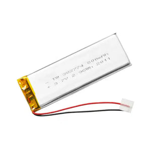 3.7V 800mAh Battery Rechargeable Lithium Polymer Ion Battery TW382774 - a rectangular silver lithium polymer battery with a red and black wire lead ending in a white two-pin connector.