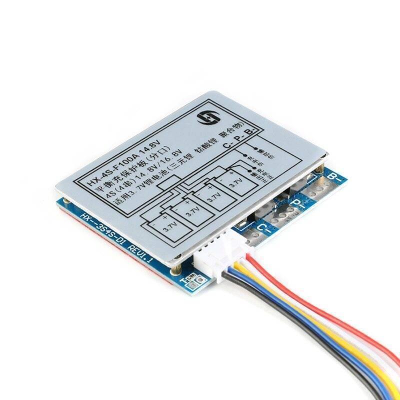 3.7V HX-4s-F100A 100A 4s BMS 18650 Battery Protection Board 4s 100A BMS Module - a rectangular blue circuit board with a silver metal heat sink, labeled ports, and a multi-colored wire harness connector.