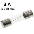 3 Amp 5x20mm 250VAC Glass Fuse - shown as a single cylindrical glass fuse with metal end caps against a white background with text labels above it.