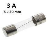 3 Amp 5x20mm 250VAC Glass Fuse - shown as a single cylindrical glass fuse with metal end caps against a white background with text labels above it.