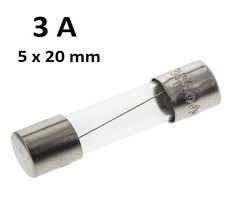 3 Amp 5x20mm 250VAC Glass Fuse - shown as a single cylindrical glass fuse with metal end caps against a white background with text labels above it.