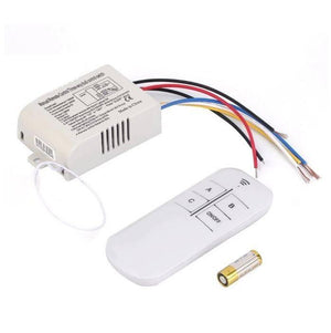 3 Channel Remote Control Switch For 220V Load - a white rectangular receiver unit with wires, a white remote control, and one battery.