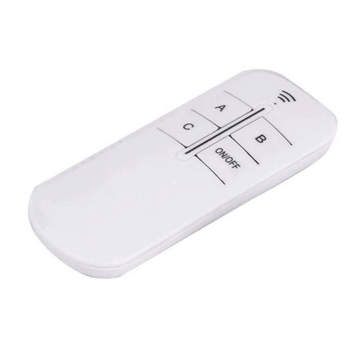 3 Channel Remote Control Switch For 220V Load - a white, rectangular wireless remote with buttons labeled A, B, C, and ON/OFF.