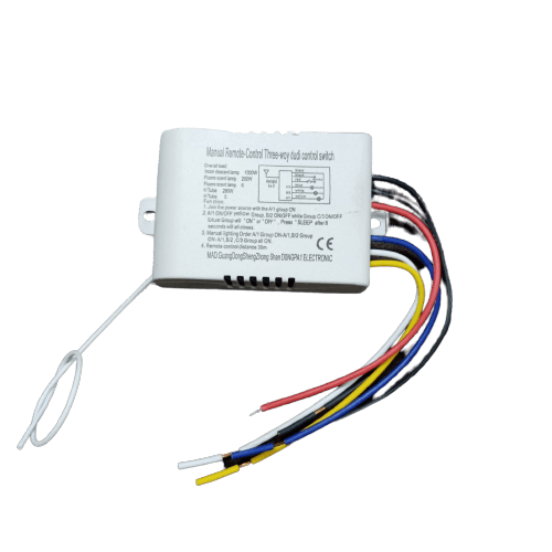 3 Channel Remote Control Switch For 220V Load - a white rectangular receiver unit with a long antenna wire and several multi-coloured output wires.