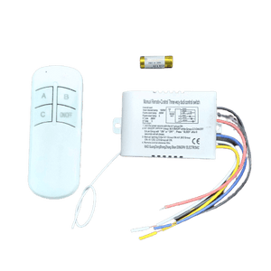 3 Channel Remote Control Switch For 220V Load - a white remote with A, B, C, and ON/OFF buttons, a control box with wires, and a small battery.