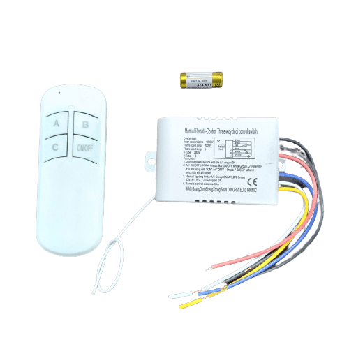 3 Channel Remote Control Switch For 220V Load - a white remote with A, B, C, and ON/OFF buttons, a control box with wires, and a small battery.