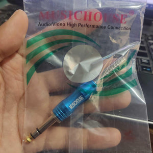 3-conductor Plug (TRS) Stereo Audio Connector Plug - a blue metal 1/4-inch jack with a spring strain relief, shown inside a clear plastic Musichouse brand bag.