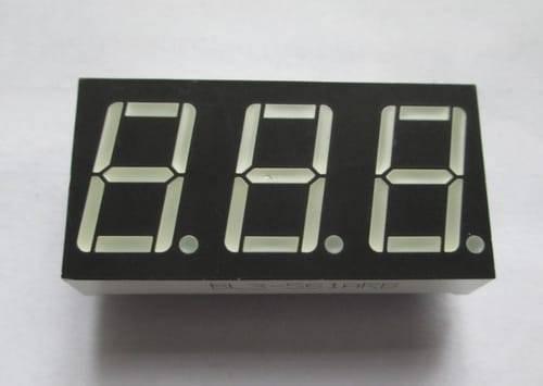 3 Digit 7 Segment Common Anode Red Color Display - shown as a rectangular black component with three blank seven-segment numeric displays and decimal points.