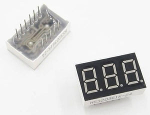 3 Digit Common Cathode 7 Segment LED Display - shown as two units, one displaying the front face and one showing the rear pins with labels HS320361K-24.