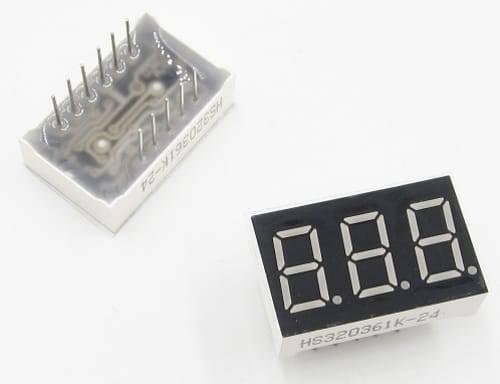 3 Digit Common Cathode 7 Segment LED Display - shown as two units, one displaying the front face and one showing the rear pins with labels HS320361K-24.