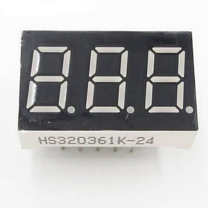 3 Digit Common Cathode 7 Segment LED Display - a rectangular black component with three numeric segments and decimal points labeled HS320361K-24.