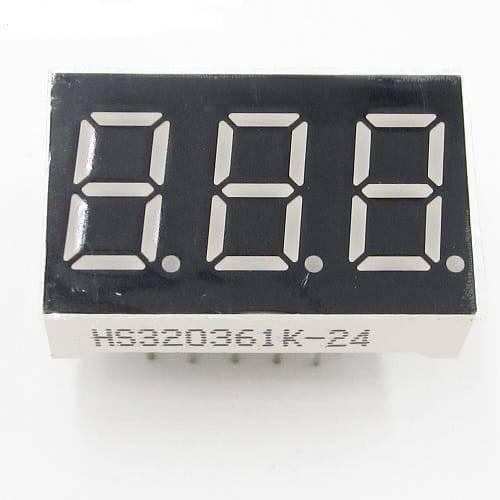 3 Digit Common Cathode 7 Segment LED Display - a rectangular black component with three numeric segments and decimal points labeled HS320361K-24.
