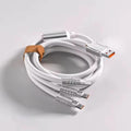 3 in 1 120W (1.2m) Type C Micro USB iOS Fast Charging Data cable - a white coiled cable with a tan strap, one USB-A connector, and three output tips.