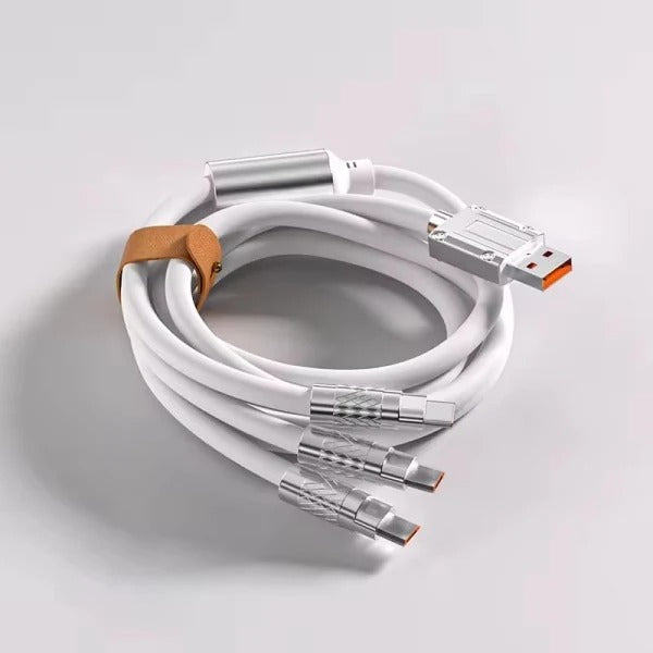 3 in 1 120W (1.2m) Type C Micro USB iOS Fast Charging Data cable - a white coiled cable with a tan strap, one USB-A connector, and three output tips.
