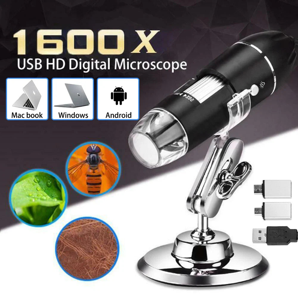 3 In 1 1600x Zoom 8 LED USB Microscope Digital Magnifier Endoscope Video Camera - the black cylindrical camera on a metal stand, with three small connector adapters and circular sample views.