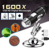3 In 1 1600x Zoom 8 LED USB Microscope Digital Magnifier Endoscope Video Camera - the black cylindrical camera on a metal stand, with three small connector adapters and circular sample views.