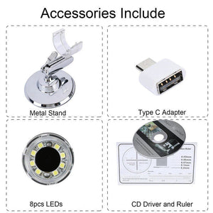 3 In 1 1600x Zoom 8 LED USB Microscope Digital Magnifier Endoscope Video Camera - accessories include a metal stand, Type C adapter, 8 LEDs, and a CD driver.